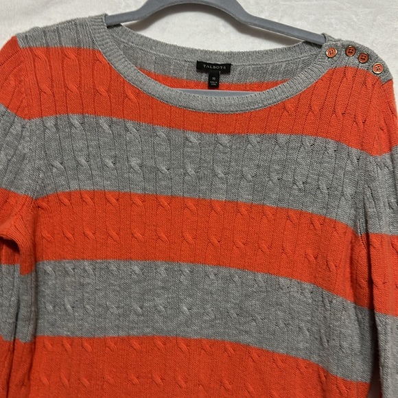 Talbots Lambswool Blend Women’s Grey Orange Striped Sweater Size Medium - Picture 3 of 6